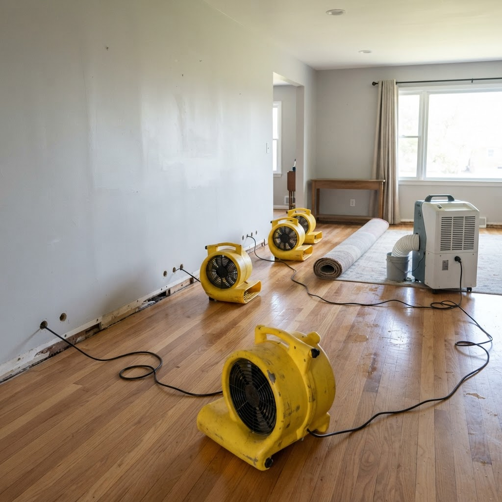Air movers and a commercial dehumidifier drying a room