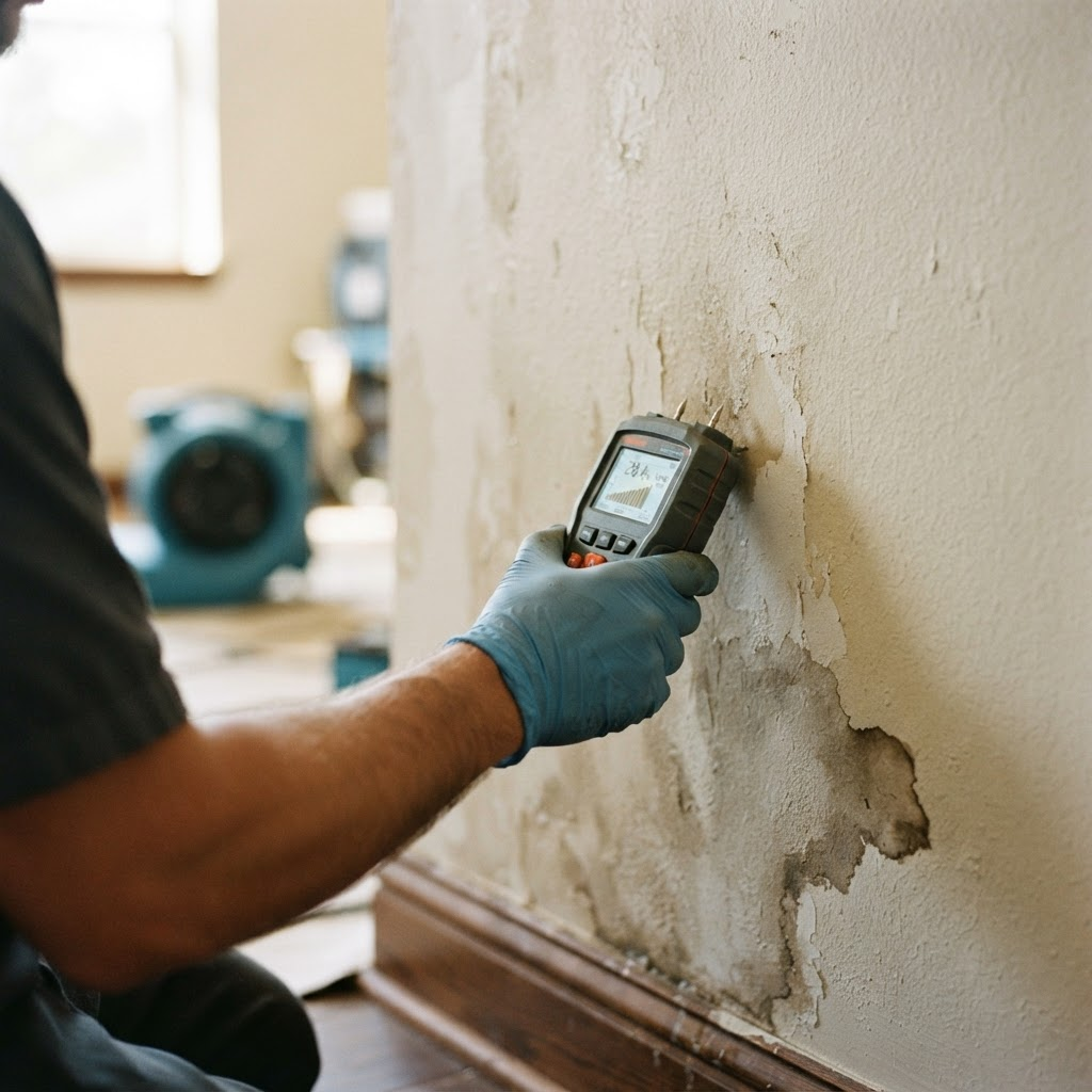 Technician checking a wall with a moisture meter
